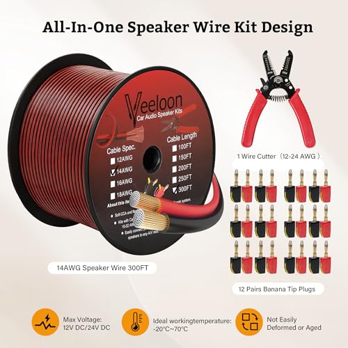 14AWG Speaker Wire 300 FT, 14/2 Gauge Audio Speaker Wire Kits with Cable Cutter Banana Plugs Tool, Polarity Marker, 2 Conductors Zipper Wire for Car Speakers Stereo, Home Theater, Surround Sound,CCA - size: 300 FT, style: 14 AWG