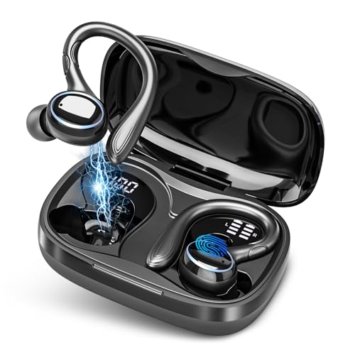 Wireless Earbuds Bluetooth 5.3 Headphones Stereo Ear Buds, ENC Noise Cancelling Mic,IPX7 Waterproof Earphones with Hook for Android iOS Smart Phone Laptop Computer Sports - Black