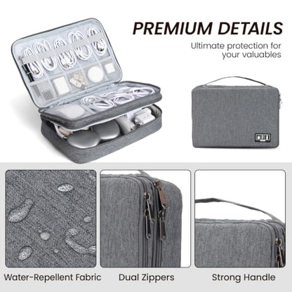 Electronic Organizer Travel Case, Double Layer Cable Organizer Bag | Double-layer design with adjustable dividers, mesh pockets and elastic loops for chargers, cables, power banks and gadgets - color: gray