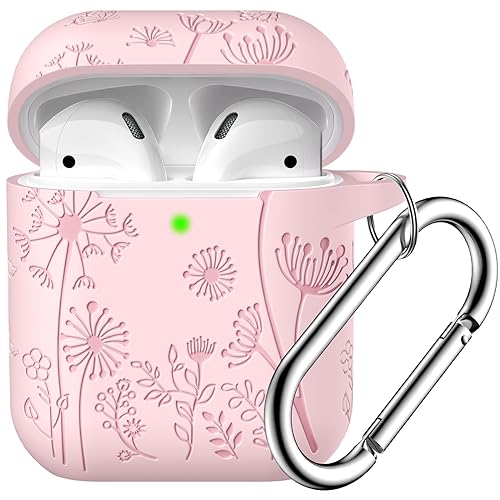 Lerobo for AirPod Case 2nd/1st Generation with Keychain for Women Girl | Cute Flower Engraved Silicone Protective Cover for AirPods 2 Case, Wireless Charging, Led Visible, One-piece Design, Pink - color: Pink