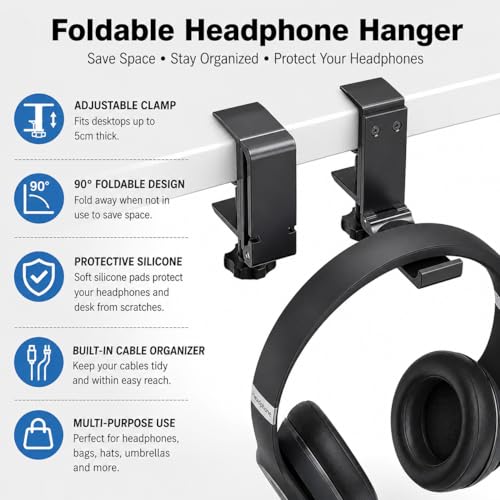 Aluminium Headphone Stand Hanger Under Desk, Foldable Headset Holder with Cable Organizer, Adjustable Clamp-On Headphone Hook, Non-Slip Desk Mount for Gaming Headphones, Bags & Accessories