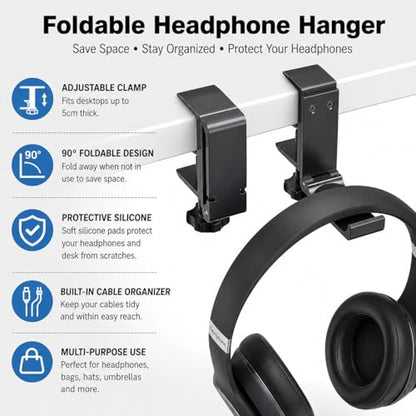 Aluminium Headphone Stand Hanger Under Desk, Foldable Headset Holder with Cable Organizer, Adjustable Clamp-On Headphone Hook, Non-Slip Desk Mount for Gaming Headphones, Bags & Accessories