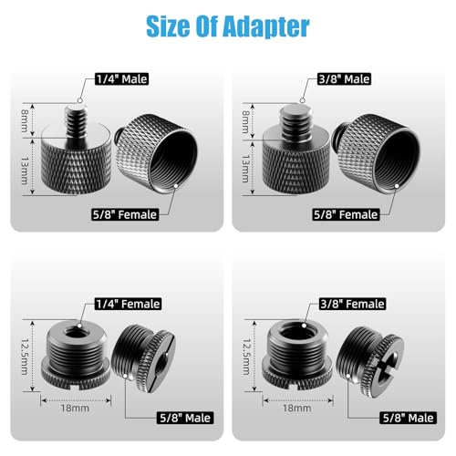 Mic Stand Adapter Set, 5/8 to 3/8 & 1/4 Thread Adapter | 8 Pack, 4 Thread Sizes, Aluminum Alloy, Knurled Grip, Precision Threads, Fits Mic Stands, Boom Arms & Tripods
