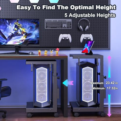 Computer Tower Stand with Charging Station, for Small and Mid-Tower PCs | Height Adjustable PC Stand with Wheel, CPU Holder with 2 AC Outlets + 2 USB Ports, 2-Tier Storage, Durable Metal Frame - color: Black