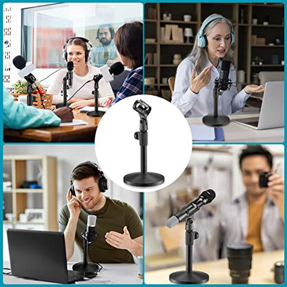 2 Pcs Desktop Microphone Stand Adjustable Table Mic Stand Mic Clip Mic Stand Desk with 5/8" Male to 3/8" Female Screw Metal Round Base for Table Desk Interviews, Black