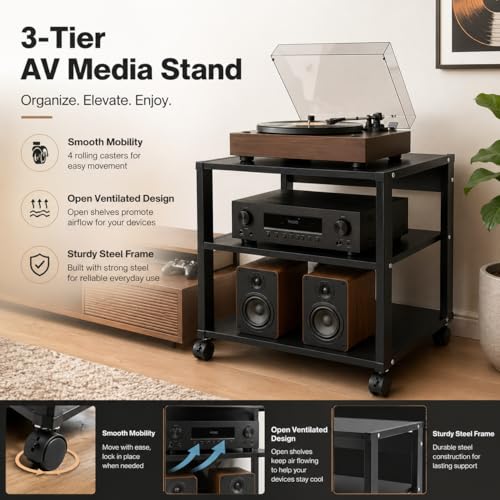 3-Tier AV Media Stand, Audio-Video Media Stand with Wheels, Corner Shelf for Record Player Audio Rack Tower for Speakers & Multimedia Equipment