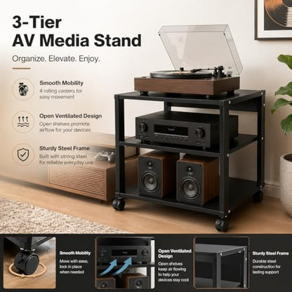 3-Tier AV Media Stand, Audio-Video Media Stand with Wheels, Corner Shelf for Record Player Audio Rack Tower for Speakers & Multimedia Equipment