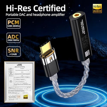 USB C to 3.5mm with CX31993 & MAX97220 DAC Headphone Adapter | Portable Decoding Amp Hi-Res 32bit/384KHz Audio Dongle with Silver-Plated OCC Cable for iPhone, Android, Mac, IEMs Earphones - color: Black