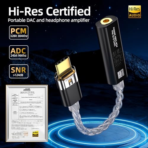 USB C to 3.5mm with CX31993 & MAX97220 DAC Headphone Adapter | Portable Decoding Amp Hi-Res 32bit/384KHz Audio Dongle with Silver-Plated OCC Cable for iPhone, Android, Mac, IEMs Earphones - color: Black