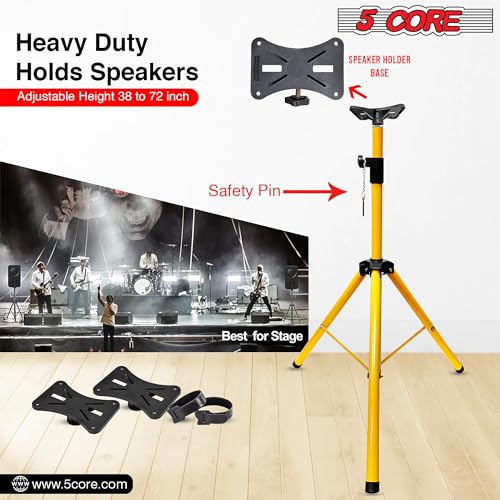 5 Core Speaker Stand Pair Universal Mount Steel Construction 132 Lb Capacity Stable Tripod w/Adjustable Height 72” w 35mm Compatible Insert Metal Safety Pin Included Bag - color: Yellow