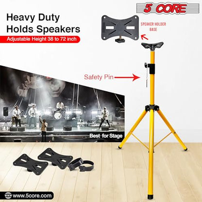 5 Core Speaker Stand Pair Universal Mount Steel Construction 132 Lb Capacity Stable Tripod w/Adjustable Height 72” w 35mm Compatible Insert Metal Safety Pin Included Bag - color: Yellow