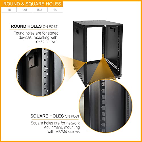 RIVECO POMU 12U Network & Stereo Rack with Caster Wheels, Rolling Server Rack Open Cabinet for 19 inches Audio Video Musical & IT Equipment Mounting, Round & Square Holes, Build in Handles Heavy Duty - size: 12U