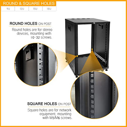 RIVECO POMU 12U Network & Stereo Rack with Caster Wheels, Rolling Server Rack Open Cabinet for 19 inches Audio Video Musical & IT Equipment Mounting, Round & Square Holes, Build in Handles Heavy Duty - size: 12U