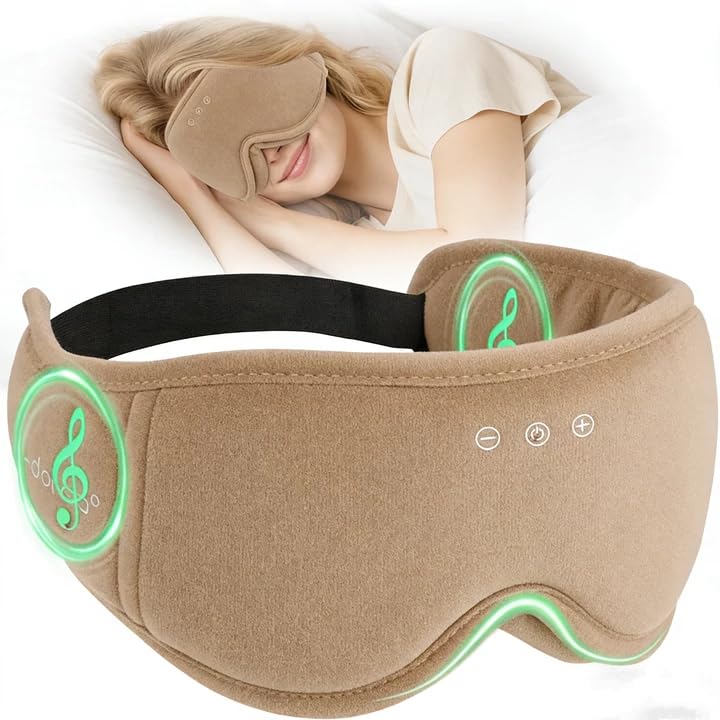 Sleep Mask with Headphones Bluetooth 5.4, LC-dolida Soft Bamboo Cotton Wireless Bluetooth Sleep Mask, Music Sleeping Headphones Cooling & Breathable, Ultra-Thin Stereo Speaker for Side Sleepers - color: Khaki