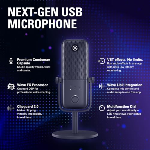 Elgato Wave:3 MK.2 USB Condenser Microphone, DSP Effects | Clipguard 2.0 protection, Auto Gain calibration, Onboard voice enhancer, compressor, EQ, Multifunction dial, USB-C - color: Black