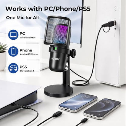 USB Streaming Gaming Microphone, PC Condenser Desktop Mic for Video, Home use, YouTube, with RGB Control, Gain Knob, 3.5mm Headphone Jack, Shock Mount, on Computer/PS5 - (Black) - color: Black