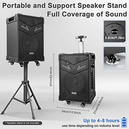 GTSK10-3 3-Way Portable Bluetooth PA Speaker System w/Wireless Mics – 10" Karaoke Speaker with Subwoofer, FM Radio, TWS, Rolling Wheels & Rechargeable Battery for Parties, Events, Game Day & Outdoors