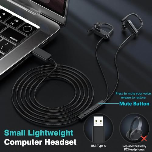 USB Headphone with Mic Mute Volume Control,7.5FT Long Cord PC Wired Earbuds