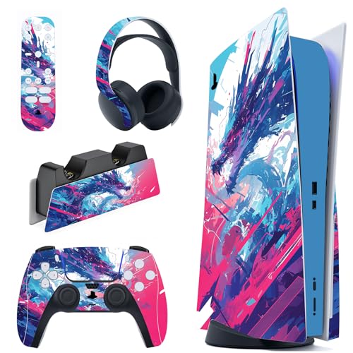 PlayVital Full Set Skin Decal for ps5 Console Disc Edition, Sticker Vinyl Decal Cover for ps5 Controller & Charging Station & Headset & Media Remote - Neon Dragoon - color: Neon Dragoon