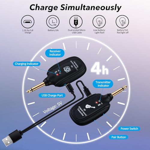 A8 Wireless Guitar System UHF 2 Modes, 100ft Range, 2TX + 1RX