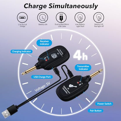 A8 Wireless Guitar System UHF 2 Modes, 100ft Range, 2TX + 1RX