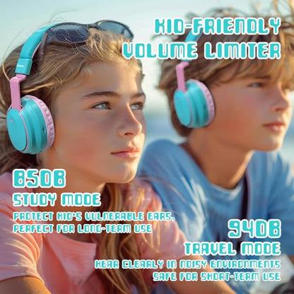 Mokata Kids Headphones Bluetooth 5.3 Wireless Lightweight Fast Charging 68 Hours Play Time Volume Limited 85/94dB Over Ear Foldable with Built-in Mic for Toddler Boy Girl Tablet Pad Cyan - color: Cyan
