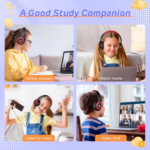 Kids Headphones Wired with Volume Limiter, Over Ear Safe Sound Headset with HD Mic, 85/94dB Volume Limiter, 3.5mm & USB C Headphones for School, Travel, iPad, Laptop, Back to School Supplies - color: Red