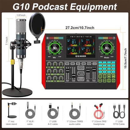 Podcast Microphone Bundle with Live Sound Board Audio Mixer, Podcast Equipment Bundle with 3.5mm Condenser Microphone(P15) for Pc/Phone Live Streaming Singing Gaming, Voice Changer, Denoise