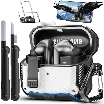 Safety Lock Case for Samsung Galaxy Buds3 FE/3/3 Pro (White) | with Phone Stand,with Secure Lock Clip & Cleaning kit Full Body Shockproof Carbon Fiber Protection Design - color: C-white