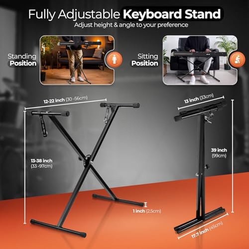 Flexzion Classic Keyboard Stand Musician Electronic Piano Organ Single Tube X Type 7 Position Folding Adjustable Height Metal Braced Rack Portable with Locking Straps