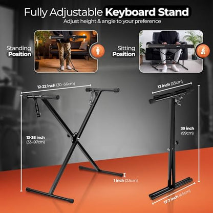 Flexzion Classic Keyboard Stand Musician Electronic Piano Organ Single Tube X Type 7 Position Folding Adjustable Height Metal Braced Rack Portable with Locking Straps