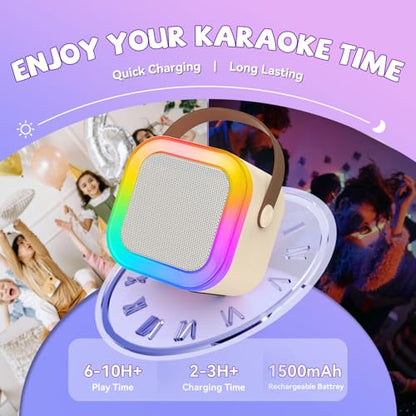 Mini Karaoke Machine for Kids Girls Boys - Birthday Gifts for Ages 4 5 6 7 8+ Year Old - Portable Bluetooth Speaker with 2 Wireless Microphone - Kids' Instrument Accessories - Beige - style: Beige