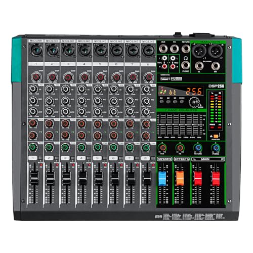 Depusheng PA8 Professional Audio Mixer Sound Board Console Desk System Interface 8 Channel Digital USB Bluetooth MP3 Computer Input 48V Phantom Power Built-in 256 Reverb Effect, Black