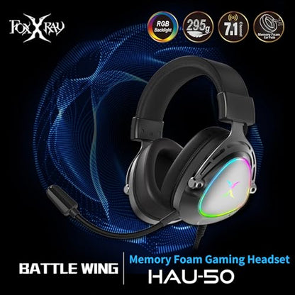FOXXRAY HAU-50 Gaming Headset, 7.1 Surround Sound with Powerful 50mm Drivers, Detachable Microphone, Soft Earmuffs, Lightweight and Comfortable, USB Wired Headphones for PC, PS4, PS5
