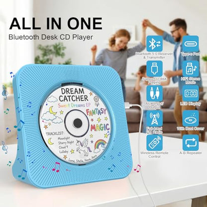 Gueray Portable CD Player with Bluetooth, CD Player with Speaker for Home | Plug-in desktop use,2-way Bluetooth mode, 3W speakers, FM radio, sleep timer, A-B repeat,USB/AUX - color: Blue