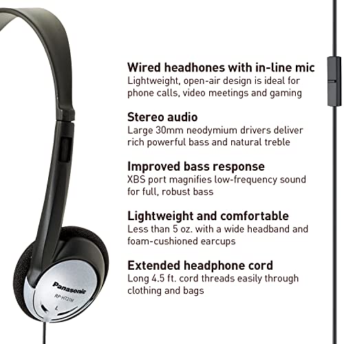 Panasonic Headphones, On-Ear Lightweight Earphones with Microphone and XBS for Extra Bass and Clear, Natural Sound, 3.5mm Jack for Phones and Laptops, Work from Home - RP-HT21M (Black & Silver) - size: 36 x 6.7 x 0.5 inches (Pack of 1), style: On Ear - Wi