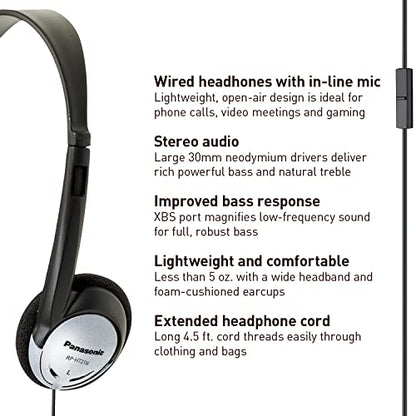 Panasonic Headphones, On-Ear Lightweight Earphones with Microphone and XBS for Extra Bass and Clear, Natural Sound, 3.5mm Jack for Phones and Laptops, Work from Home - RP-HT21M (Black & Silver) - size: 36 x 6.7 x 0.5 inches (Pack of 1), style: On Ear - Wi