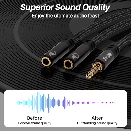 1/8inch Aux Headphone Splitter 2 Way Cable 6FT, 3.5mm 4-Pole Male to 2-Female Port Mic and Audio Stereo Y TRRS Adapter, Compatible with Headset Earphone PS4 Xbox PC Laptop MP3 players Phone Tablet - size: 6FT