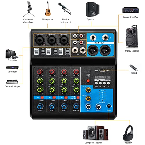 Professional Mini Audio DJ Mixer, 5 Channel Bluetooth Controller Sound Board Console System, USB Interface, 2 XLR Mic/Line, MP3 Player w/48V Phantom For Karaoke Stereo live Studio Streaming Recording