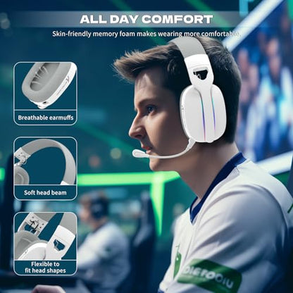 ATTACK SHARK L90 Over-Ear Wireless Gaming Headphone with Mic - White | 2.4GHz/Bluetooth/Wired, 40mm Driver, 7.1 Surround Sound, Foldable, Ultra-Light, RGB, Customizable, Ergonomic, for PS4/PS5/PC - color: WHITE