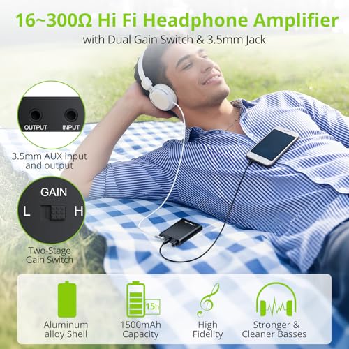 LiNKFOR Professional 16-300Ω Headphone Amplifier Portable Headphone Volume Amplifier Rechargeble Headphone Amp Desktop Amp with 3.5mm Jack & A Gain Switch for MP3 MP4 Phones and Computers etc