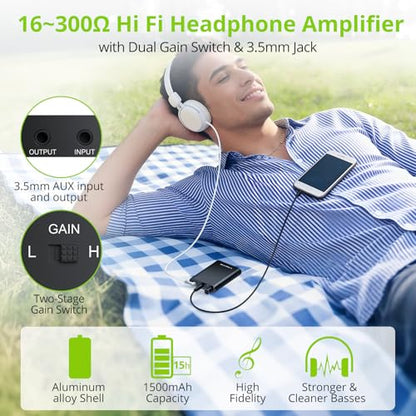 LiNKFOR Professional 16-300Ω Headphone Amplifier Portable Headphone Volume Amplifier Rechargeble Headphone Amp Desktop Amp with 3.5mm Jack & A Gain Switch for MP3 MP4 Phones and Computers etc