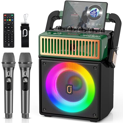 JYX Bluetooth PA Speaker System with 2 Wireless Mics, Retro 60W Karaoke Machine with LED Lights, Supports Recording, USB/TF/AUX/MIC Input for Home Party