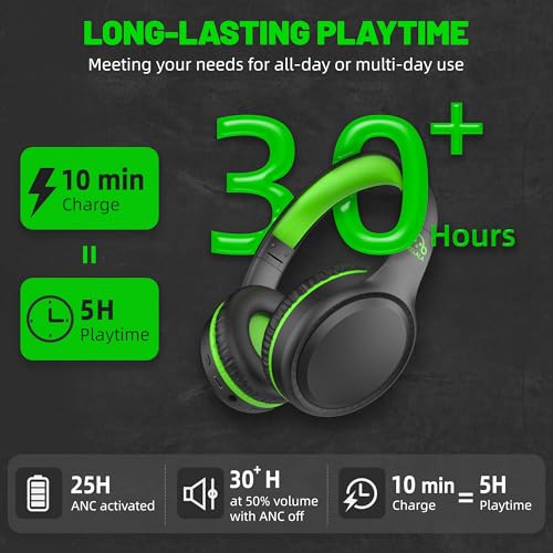 UKELALA U2B ANC Wired & Wireless Bluetooth 6.0 Headphones Foldable with Mic | Up to 30 Hrs Battery, Noise Canceling Foldable Lightweight Head phones with Volume Control‌ for Kids Adult School Black Green - color: Green/Black