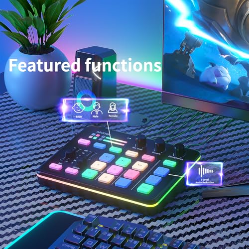 Gaming Audio Mixer for PC, Audio Interface Sound Board w/RGB Effect, Support Bluetooth, XLR/TRS Microphone, 48V Phantom Power, Voice Changer Live Streaming, Podcasting, Content Create(Not for USB Mic)