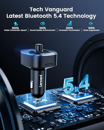 LENCENT Bluetooth 5.4 FM Transmitter Car Adapter 48W PD Fast Charging | PD 30W & 18W, 7 Color Light Wireless Radio Music Adapter Hands-Free Calling, Support USB Drive & TF Card - color: Colorful-48W