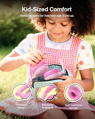 Belkin SoundForm Mini 2 Bluetooth Kids Headphones, On Ear, 55H Battery Life | Toddler headphones, 85dB Volume Limit, Built-in Mic, Wired Connection Option, iPad, Android Tablet, School, Travel - color: Pink
