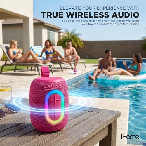 iHome Quest Wireless Portable Bluetooth Speaker with RGB Light | Water-Resistant, Built-In Carry Strap, TWS Pairing, Rechargeable Battery, USB-C Cable Included, True Stereo, Bluetooth 5.3 - color: Pink