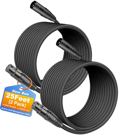 New Bee XLR Cable 25ft 2-Pack Male to Female Microphone Cable | Balanced 3 Pin, Nylon Braided, for Studio Recording, Mixing, Powered Speakers & Audio Interface - size: 25 Feet