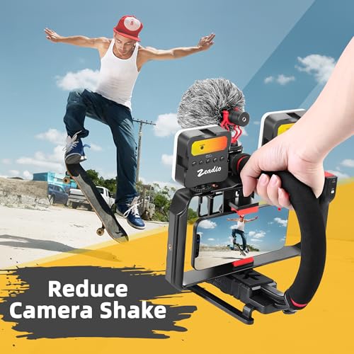 Zeadio Smartphone Camera Stabilizer, All-in-One Video Rig Kit with Phone Cage, RGB Video Light, Microphone, Action Camera Adapter, Compatible with Smartphones, Action Camera, DSLR, Cameras etc - style: Pro Kit